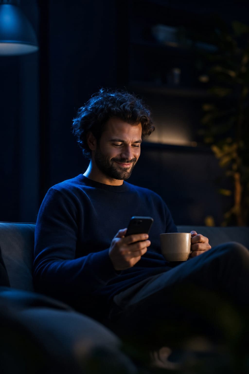 A person seated with a mug while looking at a smartphone