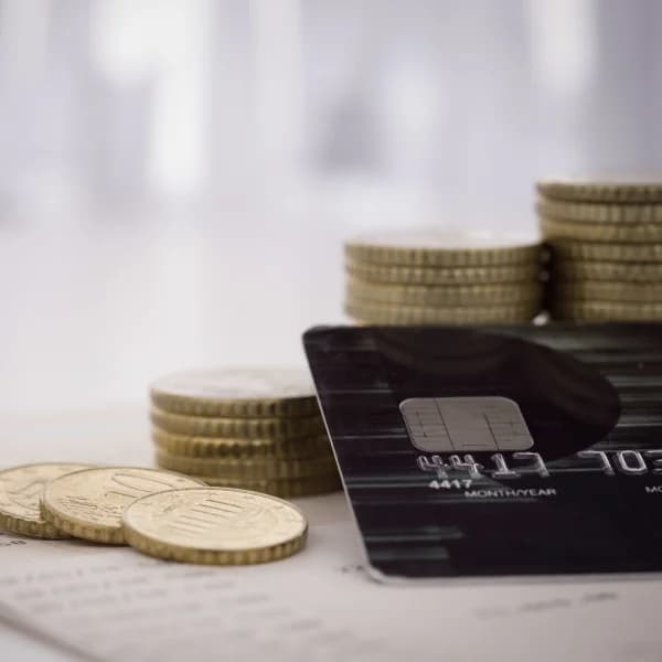 Credit card and coins arranged on a white background, representing personal loan options.