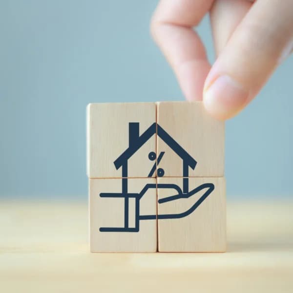 A hand holding a house block with a house icon, symbolizing instant loans.