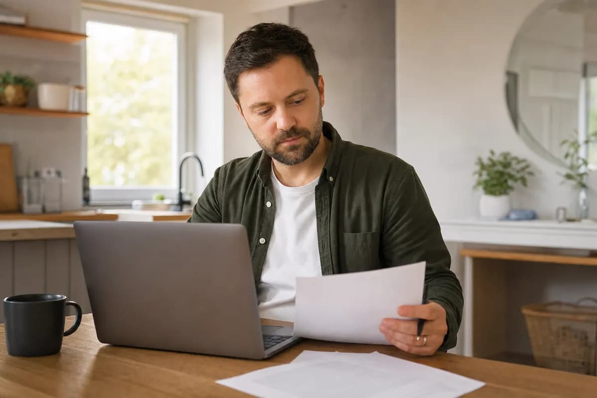 Man at his kitchen table comparing personal loan and payday loan options on a laptop