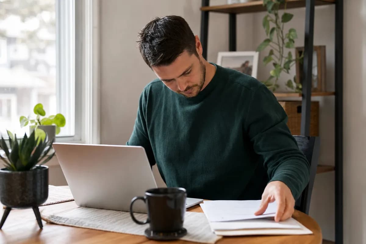Man at his home desk gathering documents next to his laptop before applying for a small loan online