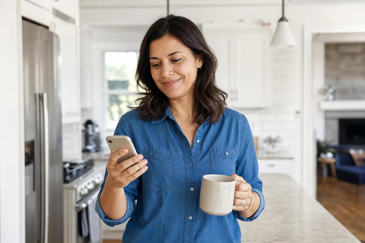 Woman in her kitchen smiling at her phone after a small loan payment went through on schedule