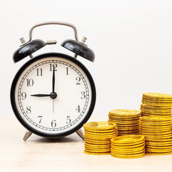 A clock and a stack of gold coins on a table, symbolizing instant loans and time management.